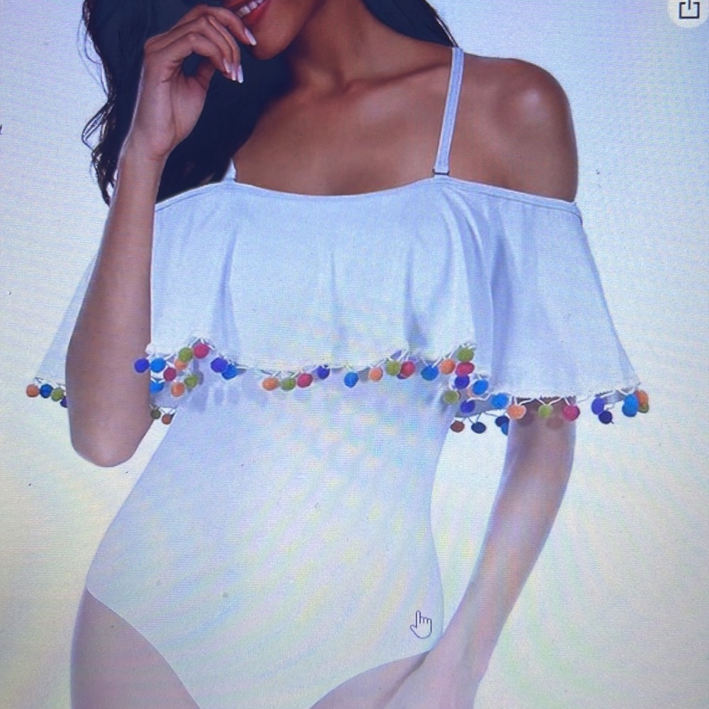 Off shoulder one piece swimsuit.